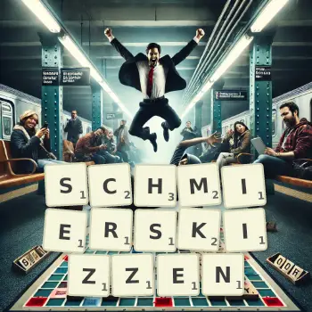 Kreative Illustration für ein Scrabble-Spiel, bei dem das Wort SCHMIERSKIZZEN mit Steinen auf dem Brett gelegt wurde.