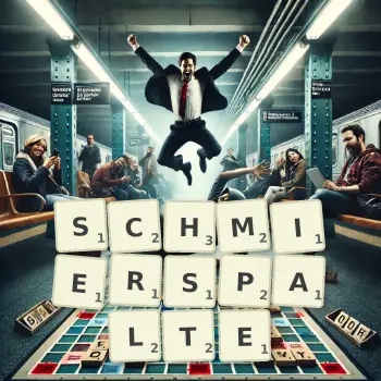 Kreative Illustration für ein Scrabble-Spiel, bei dem das Wort SCHMIERSPALTE mit Steinen auf dem Brett gelegt wurde.