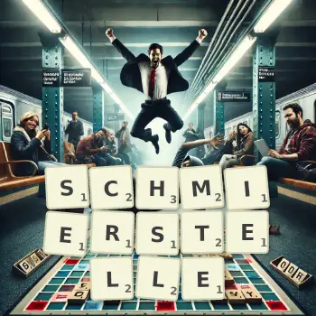 Kreative Illustration für ein Scrabble-Spiel, bei dem das Wort SCHMIERSTELLE mit Steinen auf dem Brett gelegt wurde.