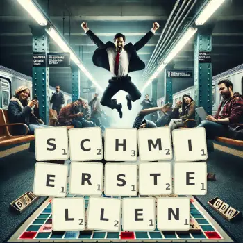 Kreative Illustration für ein Scrabble-Spiel, bei dem das Wort SCHMIERSTELLEN mit Steinen auf dem Brett gelegt wurde.