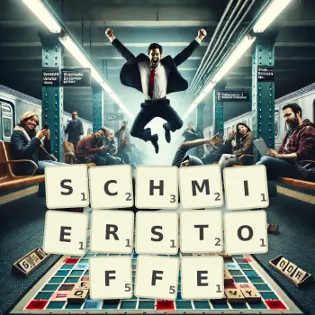 Kreative Illustration für ein Scrabble-Spiel, bei dem das Wort SCHMIERSTOFFE mit Steinen auf dem Brett gelegt wurde.