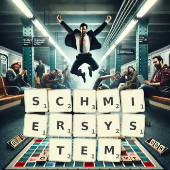 Kreative Illustration für ein Scrabble-Spiel, bei dem das Wort SCHMIERSYSTEM mit Steinen auf dem Brett gelegt wurde.
