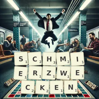 Kreative Illustration für ein Scrabble-Spiel, bei dem das Wort SCHMIERZWECKEN mit Steinen auf dem Brett gelegt wurde.