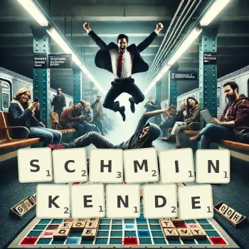 Kreative Illustration für ein Scrabble-Spiel, bei dem das Wort SCHMINKENDE mit Steinen auf dem Brett gelegt wurde.