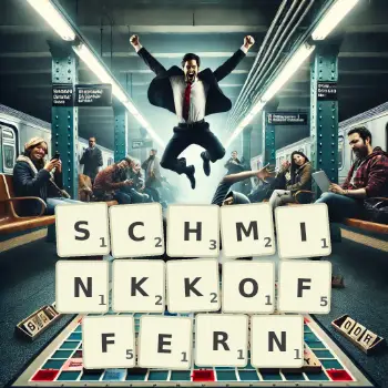 Kreative Illustration für ein Scrabble-Spiel, bei dem das Wort SCHMINKKOFFERN mit Steinen auf dem Brett gelegt wurde.