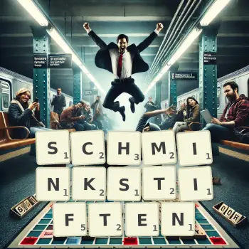 Kreative Illustration für ein Scrabble-Spiel, bei dem das Wort SCHMINKSTIFTEN mit Steinen auf dem Brett gelegt wurde.