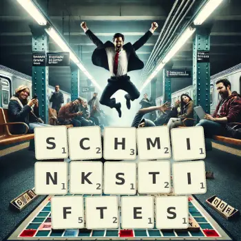 Kreative Illustration für ein Scrabble-Spiel, bei dem das Wort SCHMINKSTIFTES mit Steinen auf dem Brett gelegt wurde.