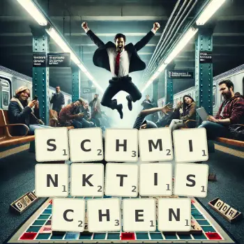 Kreative Illustration für ein Scrabble-Spiel, bei dem das Wort SCHMINKTISCHEN mit Steinen auf dem Brett gelegt wurde.