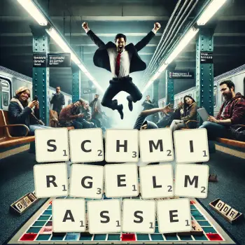 Kreative Illustration für ein Scrabble-Spiel, bei dem das Wort SCHMIRGELMASSE mit Steinen auf dem Brett gelegt wurde.