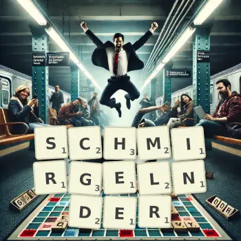 Kreative Illustration für ein Scrabble-Spiel, bei dem das Wort SCHMIRGELNDER mit Steinen auf dem Brett gelegt wurde.