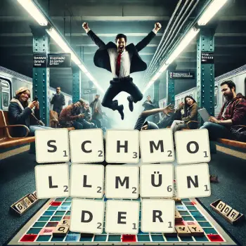 Kreative Illustration für ein Scrabble-Spiel, bei dem das Wort SCHMOLLMÜNDER mit Steinen auf dem Brett gelegt wurde.