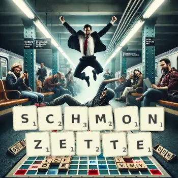 Kreative Illustration für ein Scrabble-Spiel, bei dem das Wort SCHMONZETTE mit Steinen auf dem Brett gelegt wurde.