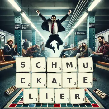 Kreative Illustration für ein Scrabble-Spiel, bei dem das Wort SCHMUCKATELIER mit Steinen auf dem Brett gelegt wurde.
