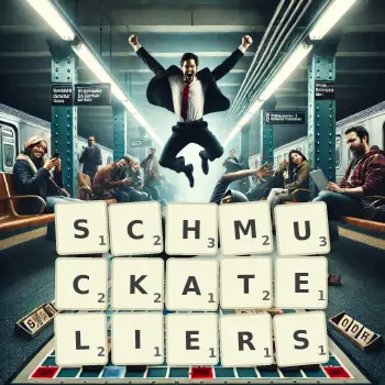 Kreative Illustration für ein Scrabble-Spiel, bei dem das Wort SCHMUCKATELIERS mit Steinen auf dem Brett gelegt wurde.