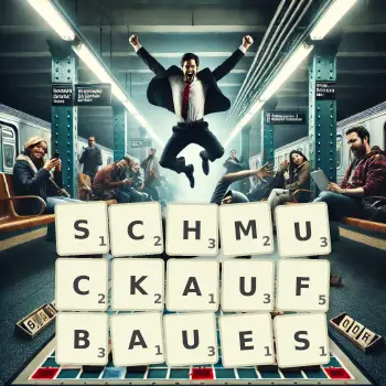 Kreative Illustration für ein Scrabble-Spiel, bei dem das Wort SCHMUCKAUFBAUES mit Steinen auf dem Brett gelegt wurde.