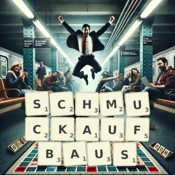 Kreative Illustration für ein Scrabble-Spiel, bei dem das Wort SCHMUCKAUFBAUS mit Steinen auf dem Brett gelegt wurde.