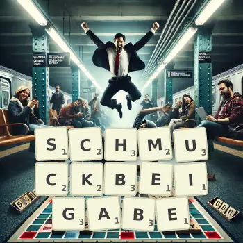 Kreative Illustration für ein Scrabble-Spiel, bei dem das Wort SCHMUCKBEIGABE mit Steinen auf dem Brett gelegt wurde.