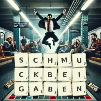 Kreative Illustration für ein Scrabble-Spiel, bei dem das Wort SCHMUCKBEIGABEN mit Steinen auf dem Brett gelegt wurde.
