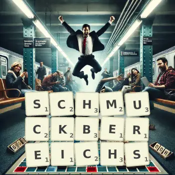 Kreative Illustration für ein Scrabble-Spiel, bei dem das Wort SCHMUCKBEREICHS mit Steinen auf dem Brett gelegt wurde.