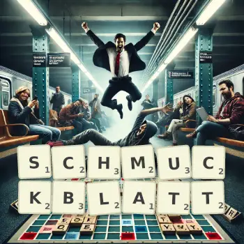 Kreative Illustration für ein Scrabble-Spiel, bei dem das Wort SCHMUCKBLATT mit Steinen auf dem Brett gelegt wurde.