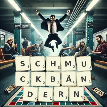 Kreative Illustration für ein Scrabble-Spiel, bei dem das Wort SCHMUCKBÄNDERN mit Steinen auf dem Brett gelegt wurde.