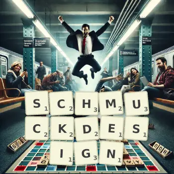 Kreative Illustration für ein Scrabble-Spiel, bei dem das Wort SCHMUCKDESIGN mit Steinen auf dem Brett gelegt wurde.