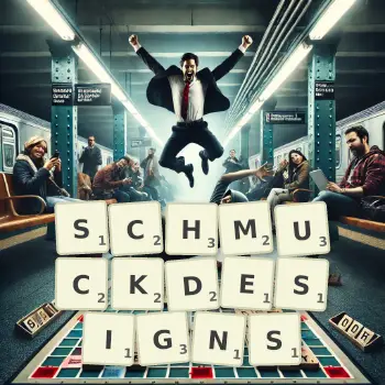 Kreative Illustration für ein Scrabble-Spiel, bei dem das Wort SCHMUCKDESIGNS mit Steinen auf dem Brett gelegt wurde.