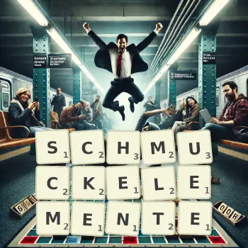 Kreative Illustration für ein Scrabble-Spiel, bei dem das Wort SCHMUCKELEMENTE mit Steinen auf dem Brett gelegt wurde.
