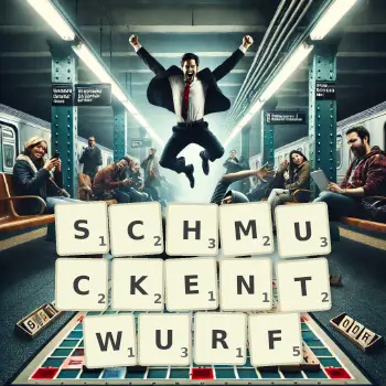 Kreative Illustration für ein Scrabble-Spiel, bei dem das Wort SCHMUCKENTWURF mit Steinen auf dem Brett gelegt wurde.