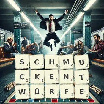 Kreative Illustration für ein Scrabble-Spiel, bei dem das Wort SCHMUCKENTWÜRFE mit Steinen auf dem Brett gelegt wurde.