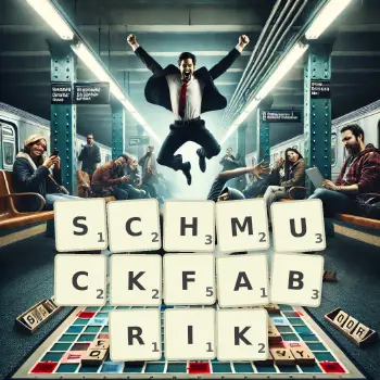 Kreative Illustration für ein Scrabble-Spiel, bei dem das Wort SCHMUCKFABRIK mit Steinen auf dem Brett gelegt wurde.