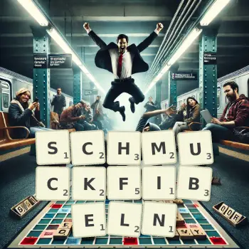 Kreative Illustration für ein Scrabble-Spiel, bei dem das Wort SCHMUCKFIBELN mit Steinen auf dem Brett gelegt wurde.