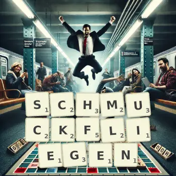 Kreative Illustration für ein Scrabble-Spiel, bei dem das Wort SCHMUCKFLIEGEN mit Steinen auf dem Brett gelegt wurde.