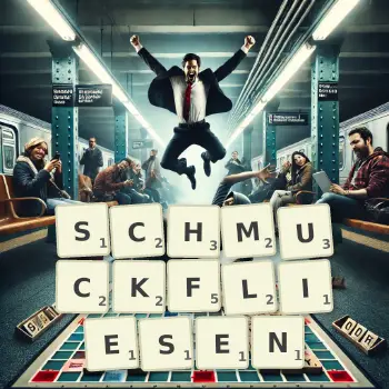 Kreative Illustration für ein Scrabble-Spiel, bei dem das Wort SCHMUCKFLIESEN mit Steinen auf dem Brett gelegt wurde.