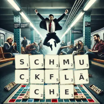 Kreative Illustration für ein Scrabble-Spiel, bei dem das Wort SCHMUCKFLÄCHE mit Steinen auf dem Brett gelegt wurde.