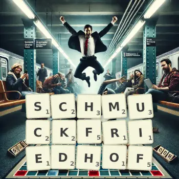 Kreative Illustration für ein Scrabble-Spiel, bei dem das Wort SCHMUCKFRIEDHOF mit Steinen auf dem Brett gelegt wurde.