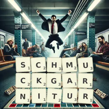 Kreative Illustration für ein Scrabble-Spiel, bei dem das Wort SCHMUCKGARNITUR mit Steinen auf dem Brett gelegt wurde.