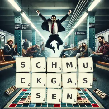Kreative Illustration für ein Scrabble-Spiel, bei dem das Wort SCHMUCKGASSEN mit Steinen auf dem Brett gelegt wurde.
