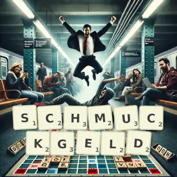 Kreative Illustration für ein Scrabble-Spiel, bei dem das Wort SCHMUCKGELD mit Steinen auf dem Brett gelegt wurde.