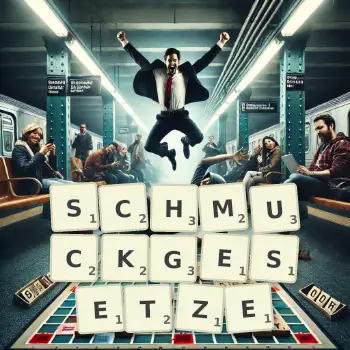 Kreative Illustration für ein Scrabble-Spiel, bei dem das Wort SCHMUCKGESETZE mit Steinen auf dem Brett gelegt wurde.