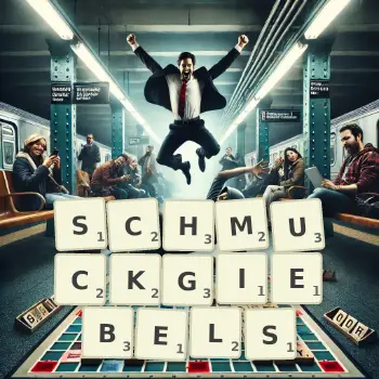 Kreative Illustration für ein Scrabble-Spiel, bei dem das Wort SCHMUCKGIEBELS mit Steinen auf dem Brett gelegt wurde.