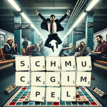 Kreative Illustration für ein Scrabble-Spiel, bei dem das Wort SCHMUCKGIMPEL mit Steinen auf dem Brett gelegt wurde.