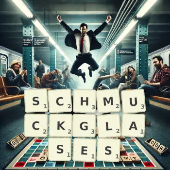 Kreative Illustration für ein Scrabble-Spiel, bei dem das Wort SCHMUCKGLASES mit Steinen auf dem Brett gelegt wurde.