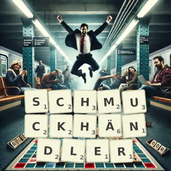 Kreative Illustration für ein Scrabble-Spiel, bei dem das Wort SCHMUCKHÄNDLER mit Steinen auf dem Brett gelegt wurde.