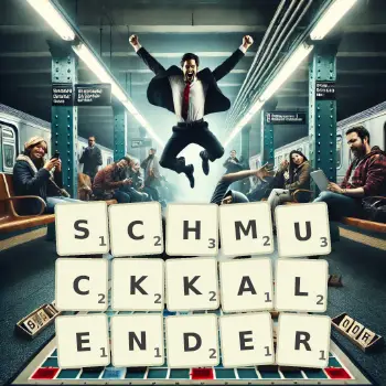 Kreative Illustration für ein Scrabble-Spiel, bei dem das Wort SCHMUCKKALENDER mit Steinen auf dem Brett gelegt wurde.