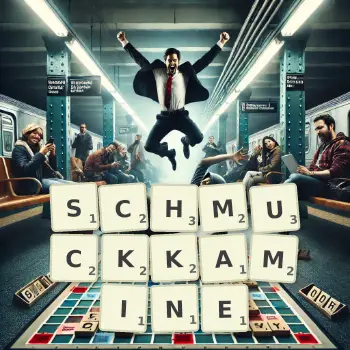 Kreative Illustration für ein Scrabble-Spiel, bei dem das Wort SCHMUCKKAMINE mit Steinen auf dem Brett gelegt wurde.