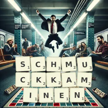 Kreative Illustration für ein Scrabble-Spiel, bei dem das Wort SCHMUCKKAMINEN mit Steinen auf dem Brett gelegt wurde.
