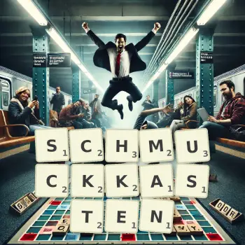 Kreative Illustration für ein Scrabble-Spiel, bei dem das Wort SCHMUCKKASTEN mit Steinen auf dem Brett gelegt wurde.