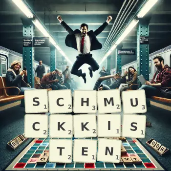 Kreative Illustration für ein Scrabble-Spiel, bei dem das Wort SCHMUCKKISTEN mit Steinen auf dem Brett gelegt wurde.
