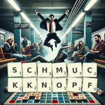 Kreative Illustration für ein Scrabble-Spiel, bei dem das Wort SCHMUCKKNOPF mit Steinen auf dem Brett gelegt wurde.